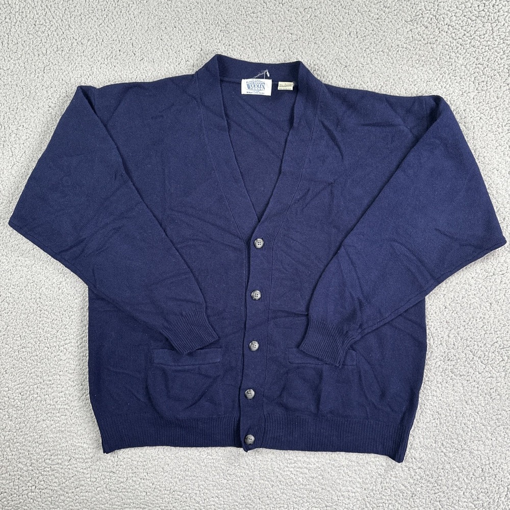 VTG Frankenmuth Woolen Mill Lambswool Cardigan Sweater Men Large Navy Blue Knit